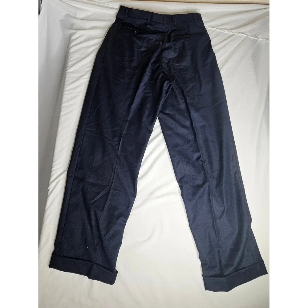 Vintage Navy Blue Pleated Cuffed Trousers Mens Straight Leg Dress Pants 29x27.5